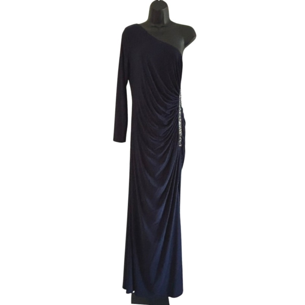 Adrianna Papell One Shoulder Jersey Dress Sz 12 Blue Formal Gown Faux Crystals